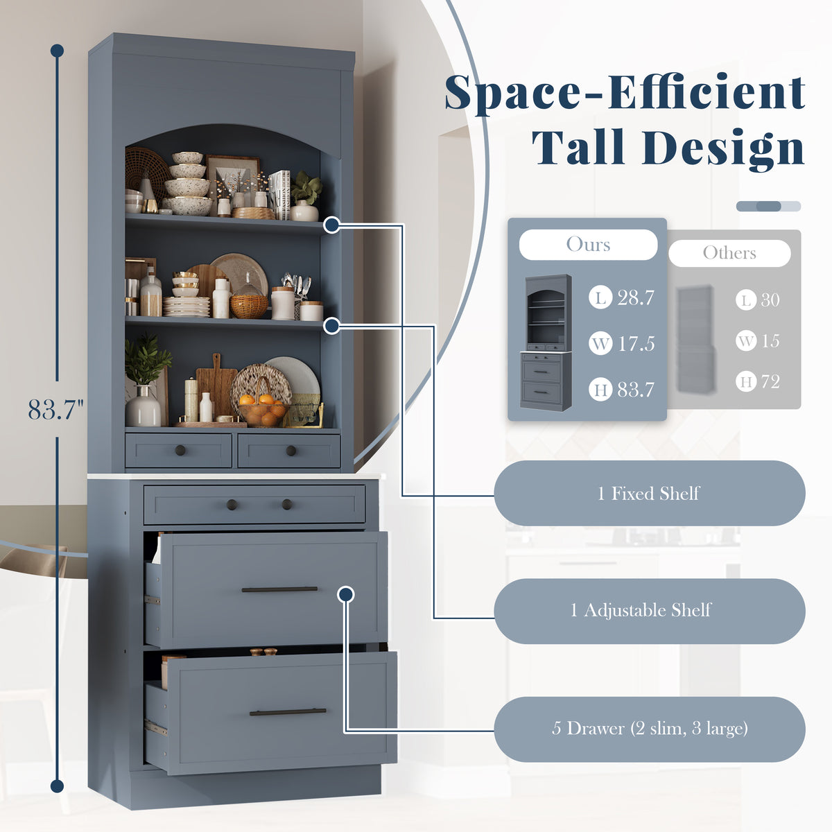 TOPMAx Modern 83.7inch High Kitchen Pantry Freestanding Tall Kitchen Hutch With Faux Marble Top Cupboard Cabinet With 5 Storage Drawers And Adjustable Shelf Set Of 2 Gray