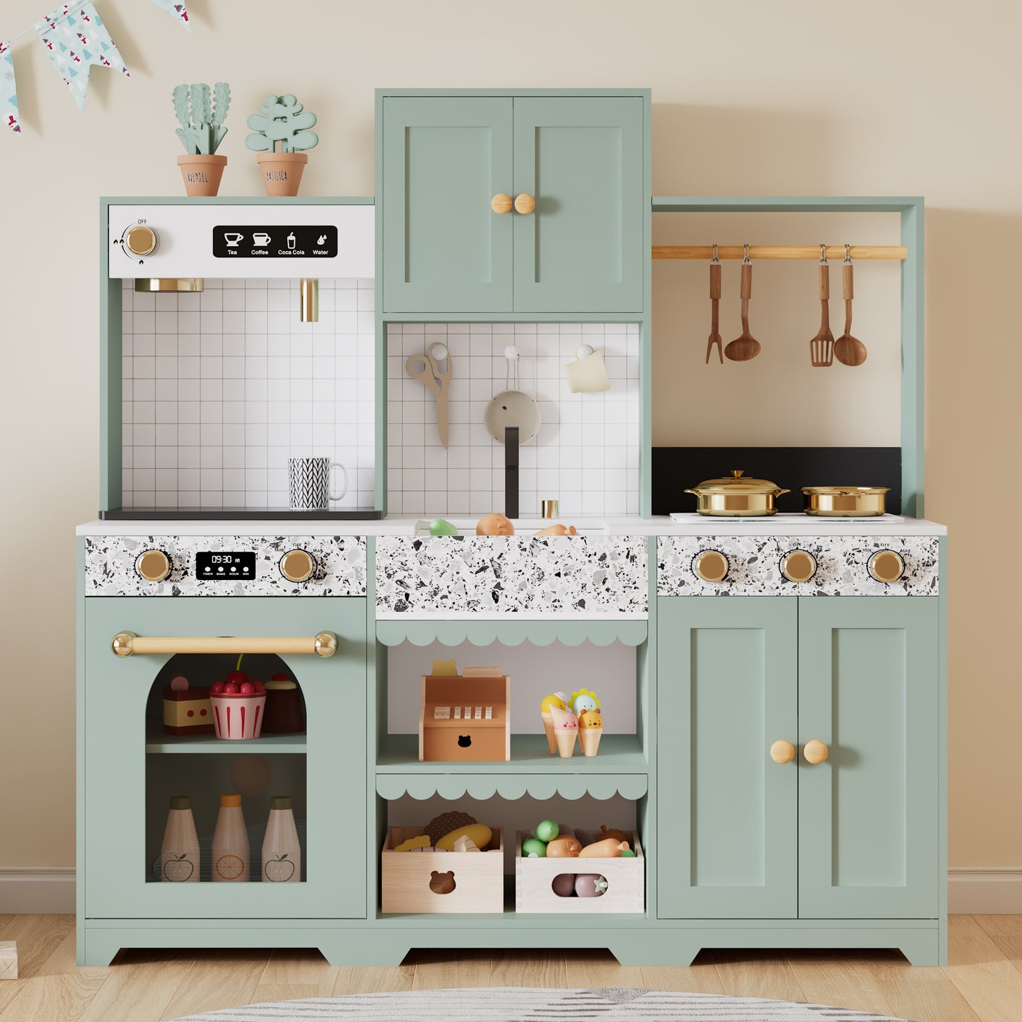 Children's Kitchen, Play Kitchen-Creative Design, Accessories And Surprise Effects, An Excellent Gift For Children From 3 Years, Wood Plastic, Green, 30x90x98cm