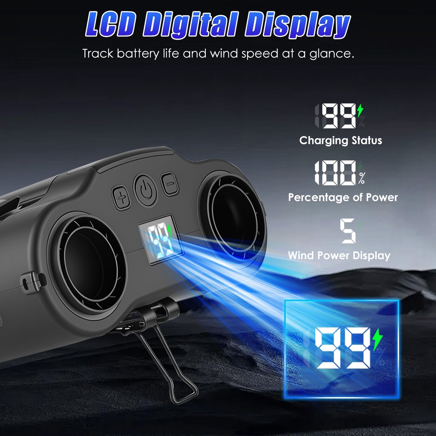 16000mAh 4 In 1 Dual Turbine Waist Clip Fan Wearable Personal Fan Hands Free With 5 Speeds LCD Display Lanyard Double As Power Bank For Jobsites Camping Hiking