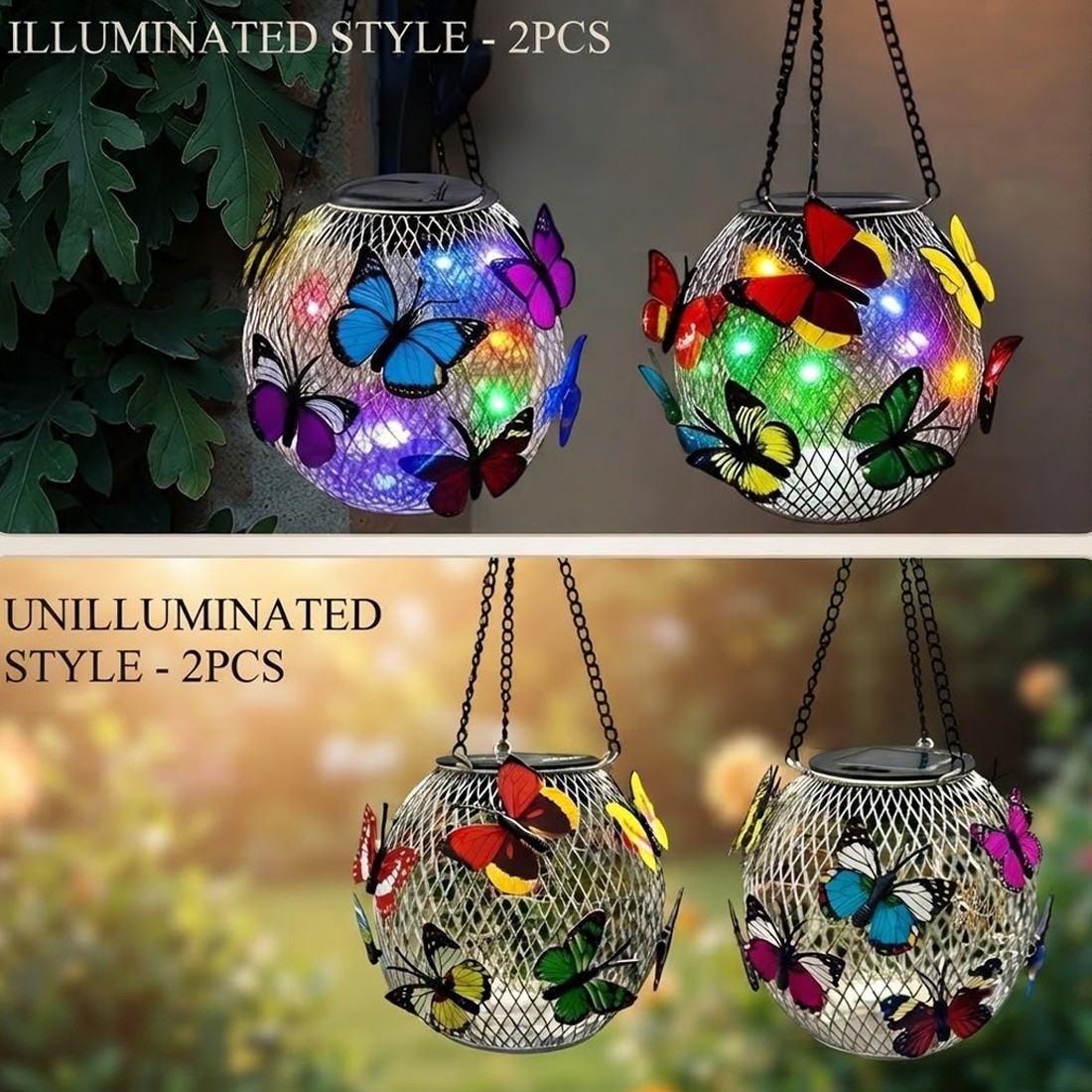 2pcs Hanging Butterfly Pendant Solar Power LED Light Mesh Orb Yard Garden Decor