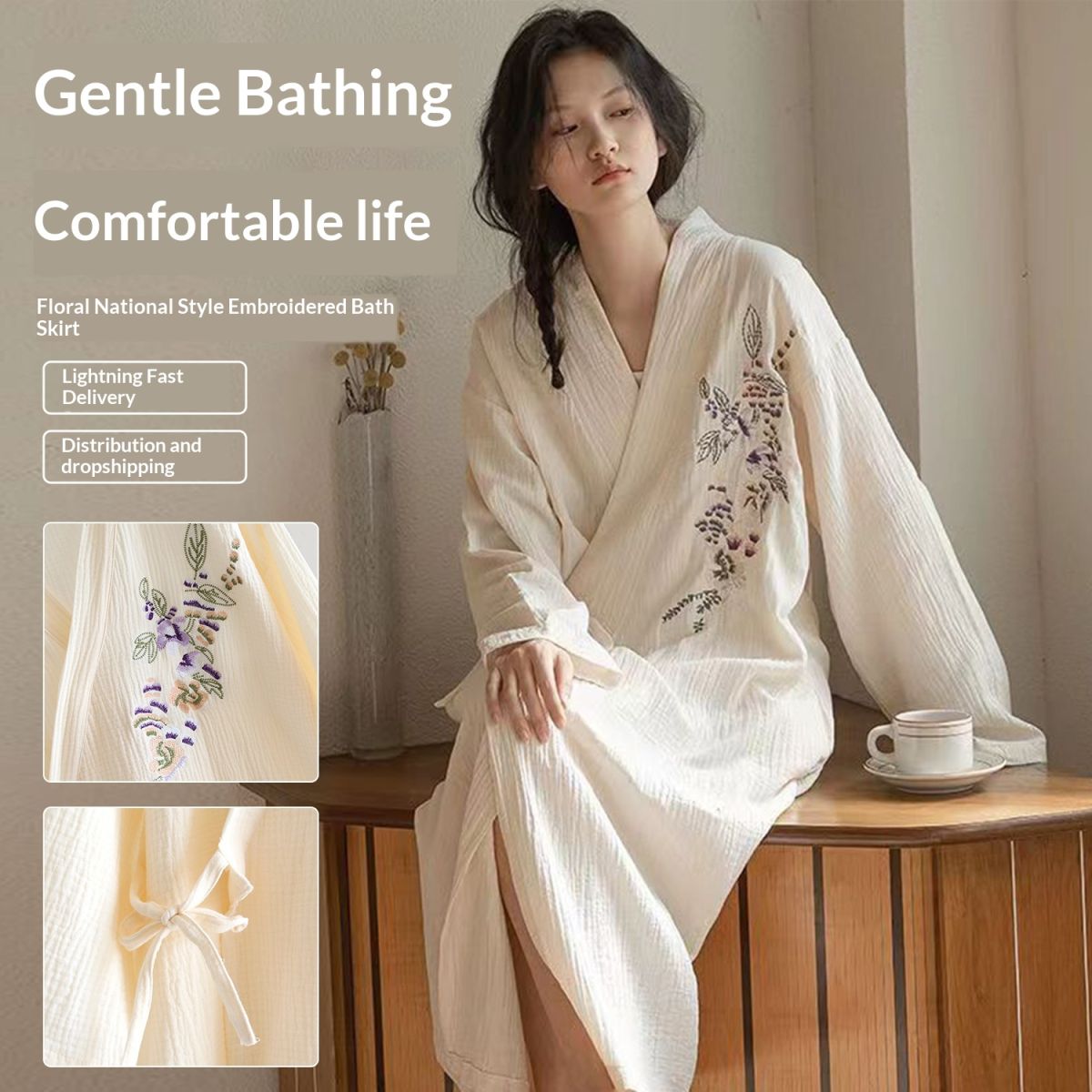 Long Sleeve Sleepwear Loose Cotton Robe Sweet Home Wear Outdoor Use