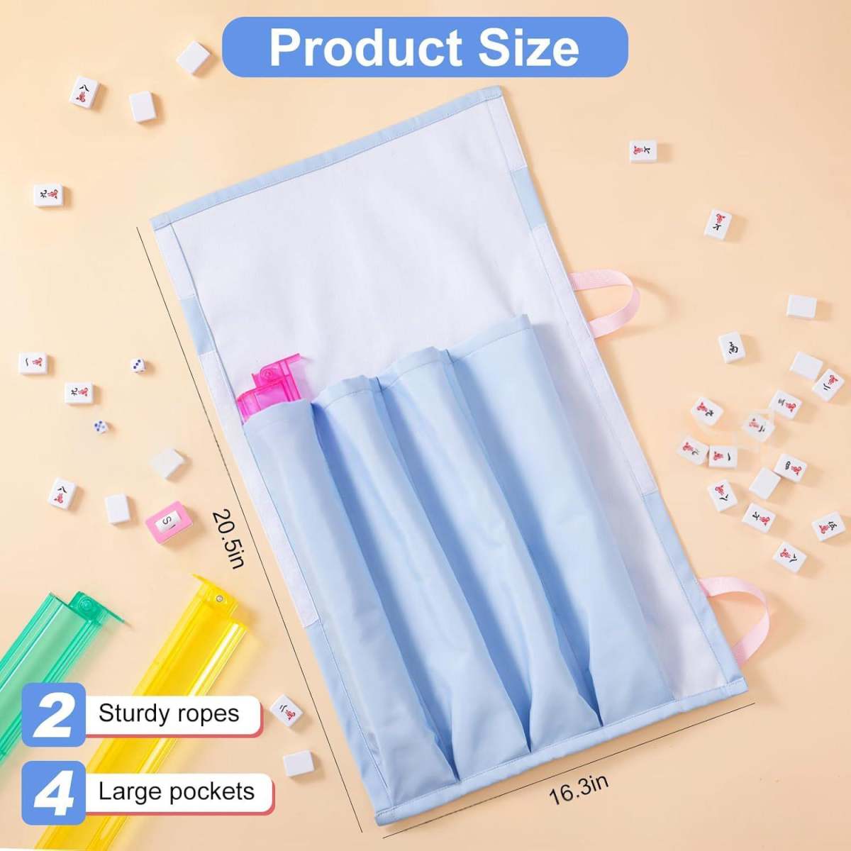 Mahjong Tile Measuring Ruler Storage Bag Large Pocket Portable Travel Mahjong Set Organizer