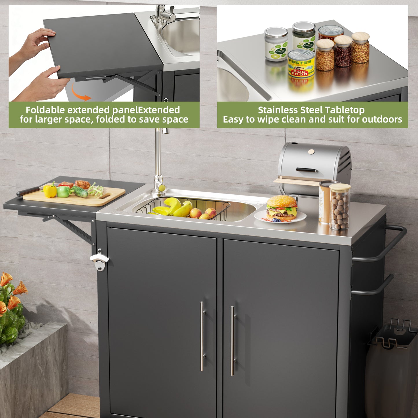 Outdoor Grill Table With Sink, Metal Worktable Kitchen Cabinet Island With Foldable Top And Storage Cabinet, Rolling Grill Cart With Wheels For Garden, Backyard And Lawn