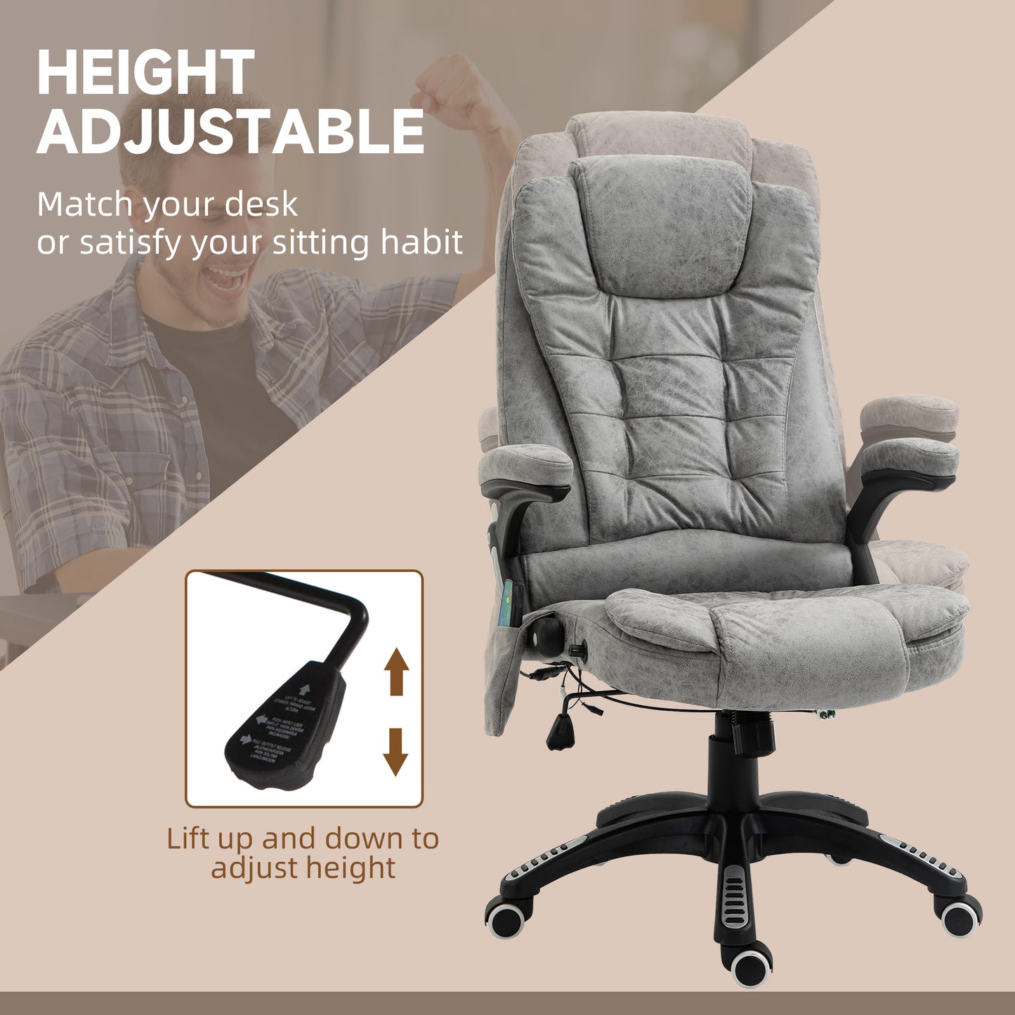 Vinsetto Massage Recliner Chair Heated Office Chair With Six Massage Points Microfiber Cloth 360Swivel Wheels Grey