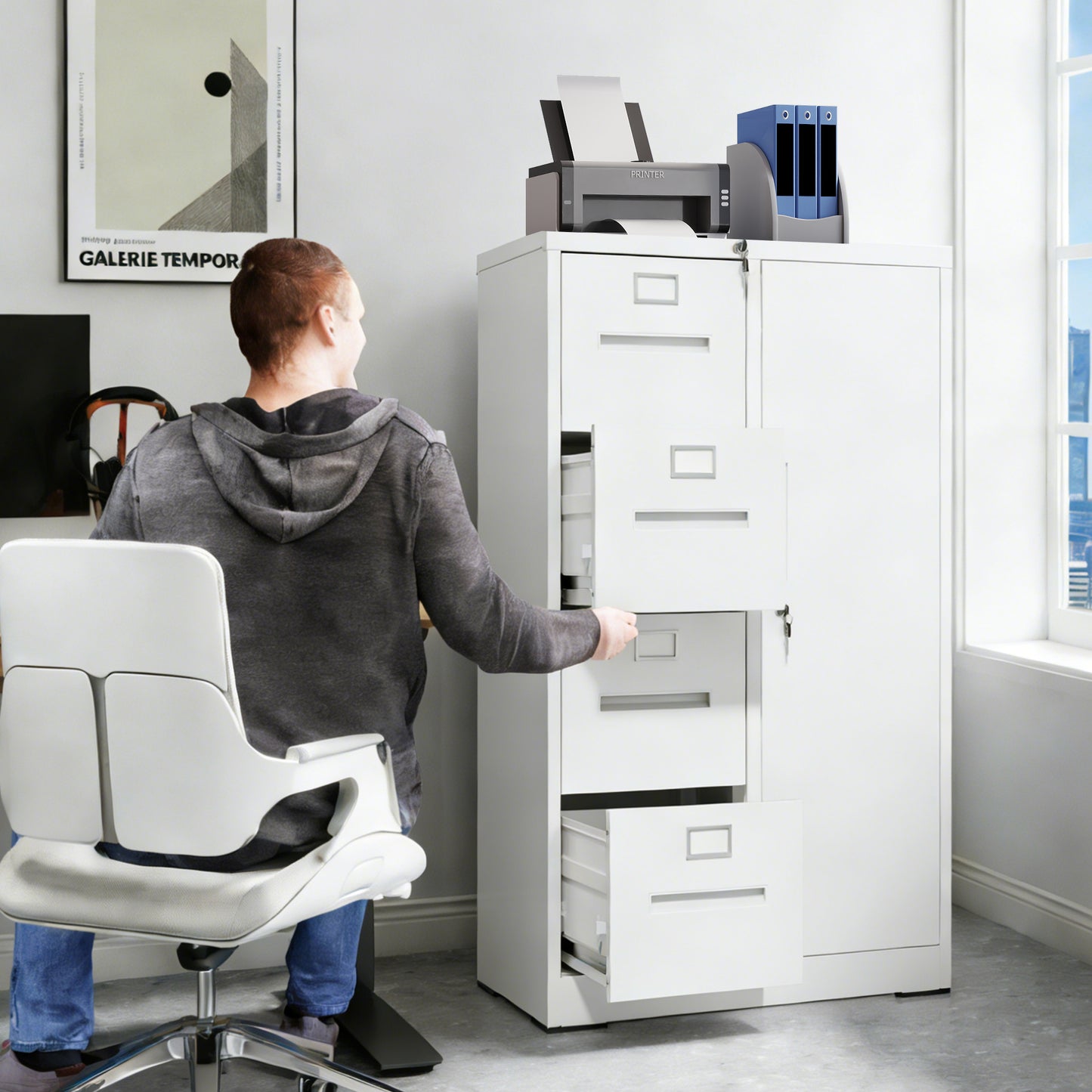 Metal Storage Vertical Filing Cabinet With Lock, Steel File Locker With 4 Drawers And 1 Door For School, Living Room, Bedroom, Office White
