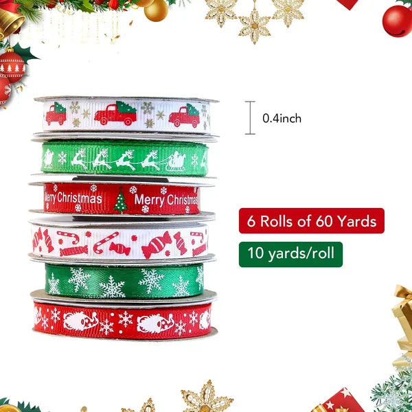 60 Yards 3/8" Christmas Ribbon For Crafts, White Red And Green Holiday Grosgrain Ribbon Christmas Ribbon For Gift Wrapping Festival Holiday Party Hair Bow Clips DIY Crafts Decoration (6 Rolls)