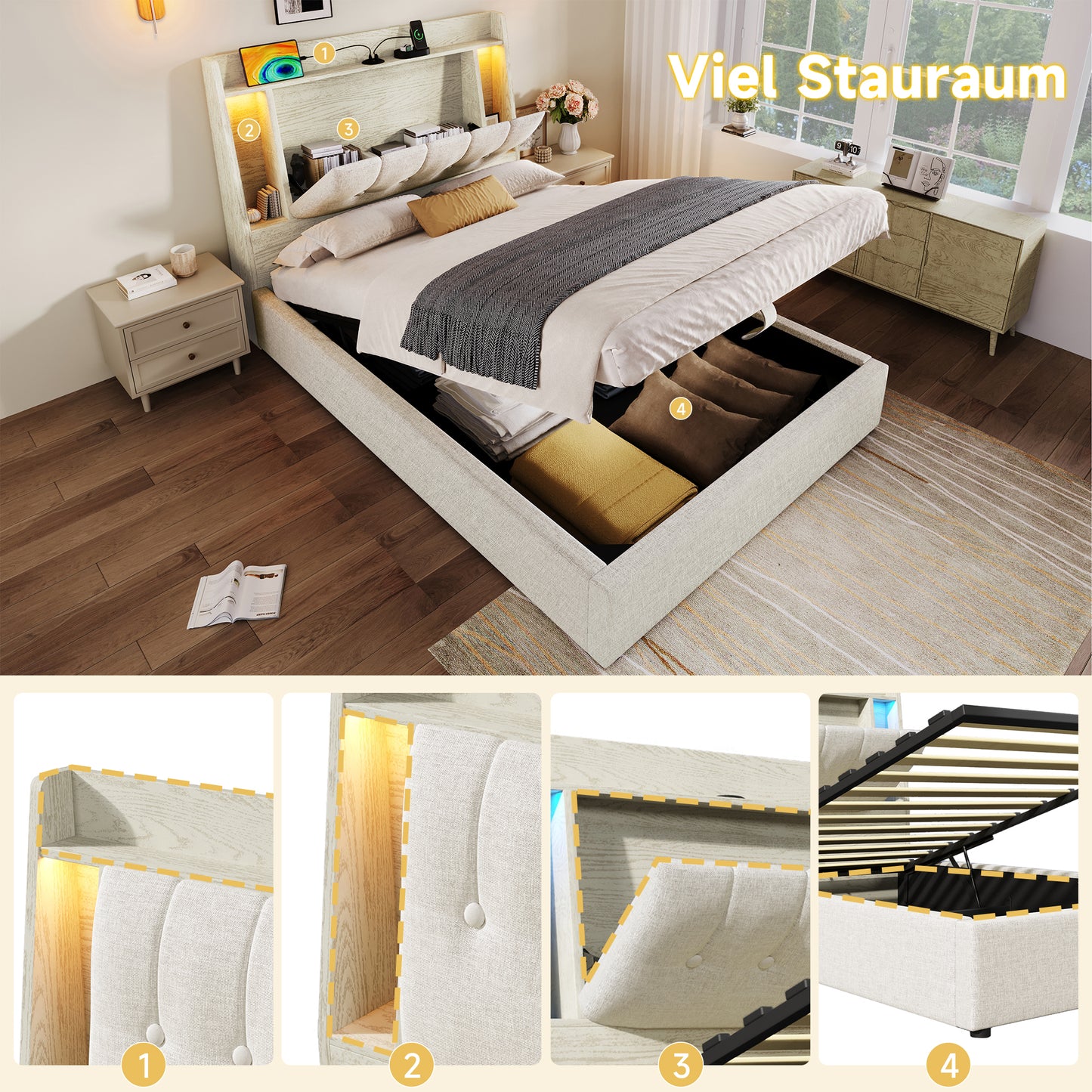 Upholstered Bed, 90x200 Cm, With USB Type-C Charging Function,Without Mattress,Flip-Top Storage Compartment, Multifunctional Storage, LED Lighting, Push-button Appdien,Linen, Beige
