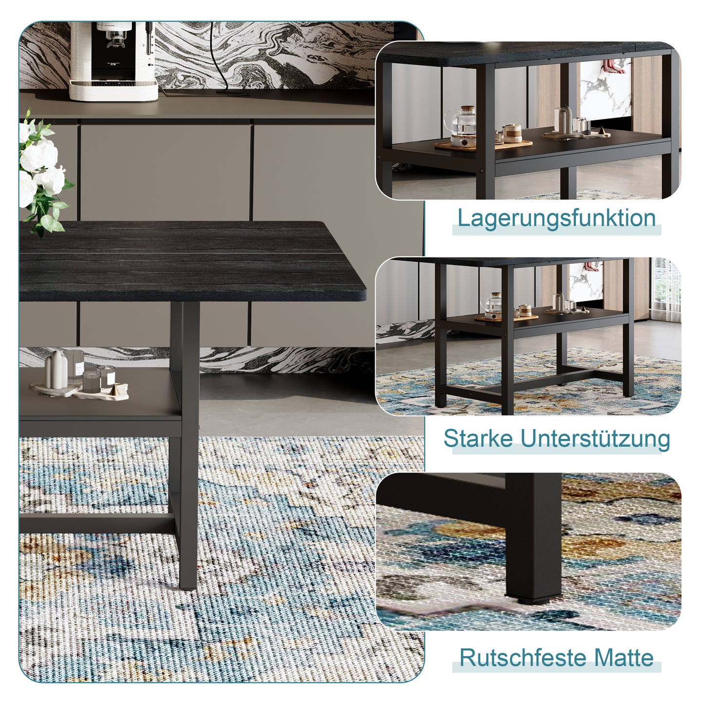 Black Rectangular Dining Table In Industrial Design, 160x90x76 Cm, For 4-6 People, With Multifunctional Storage Shelf, Suitable For Living Room, Kitchen And Dining Area.