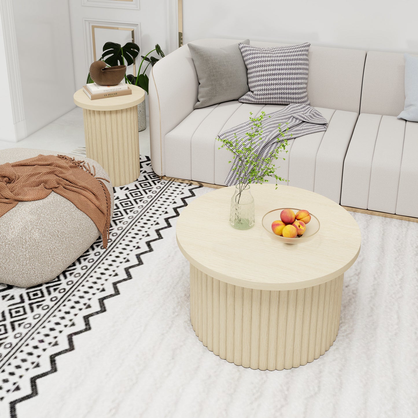 Round Coffee Table Set In 2 Pack With Natural Wood Effect And Wavy Structure - Integrated Side Table, Ideal For Living Room, Bedroom, Study Or Office