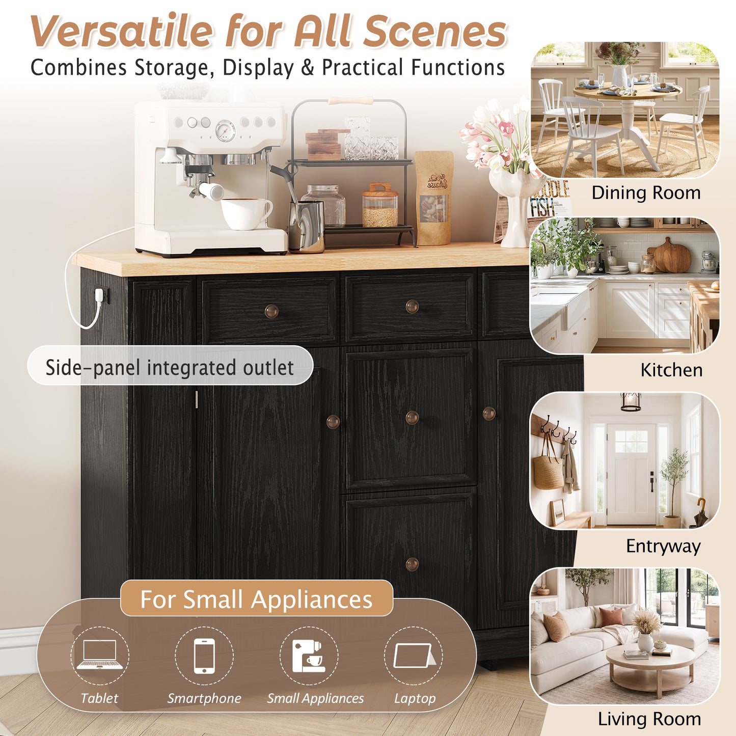 TREXM Sideboard Buffet Cabinet With Storage, Kitchen Console Table With 5 Drawers, 2 Cabinets, Adjustable Shelves, Buffet Server For Dining Room, Living Room, Entryway Black