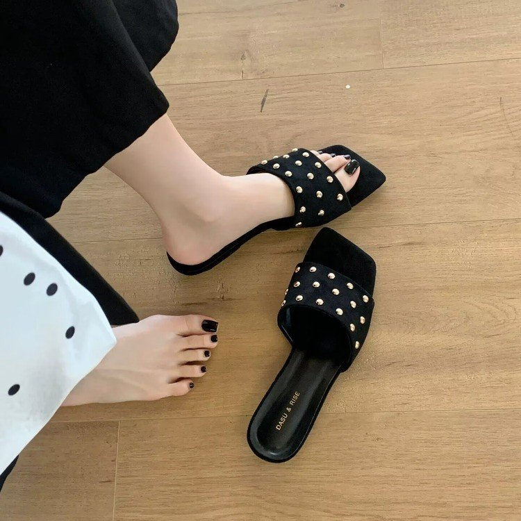2026 French Style Square Toe Rivet Slippers, Summer Suede Block Heel Single Strap Outdoor Slippers For Women