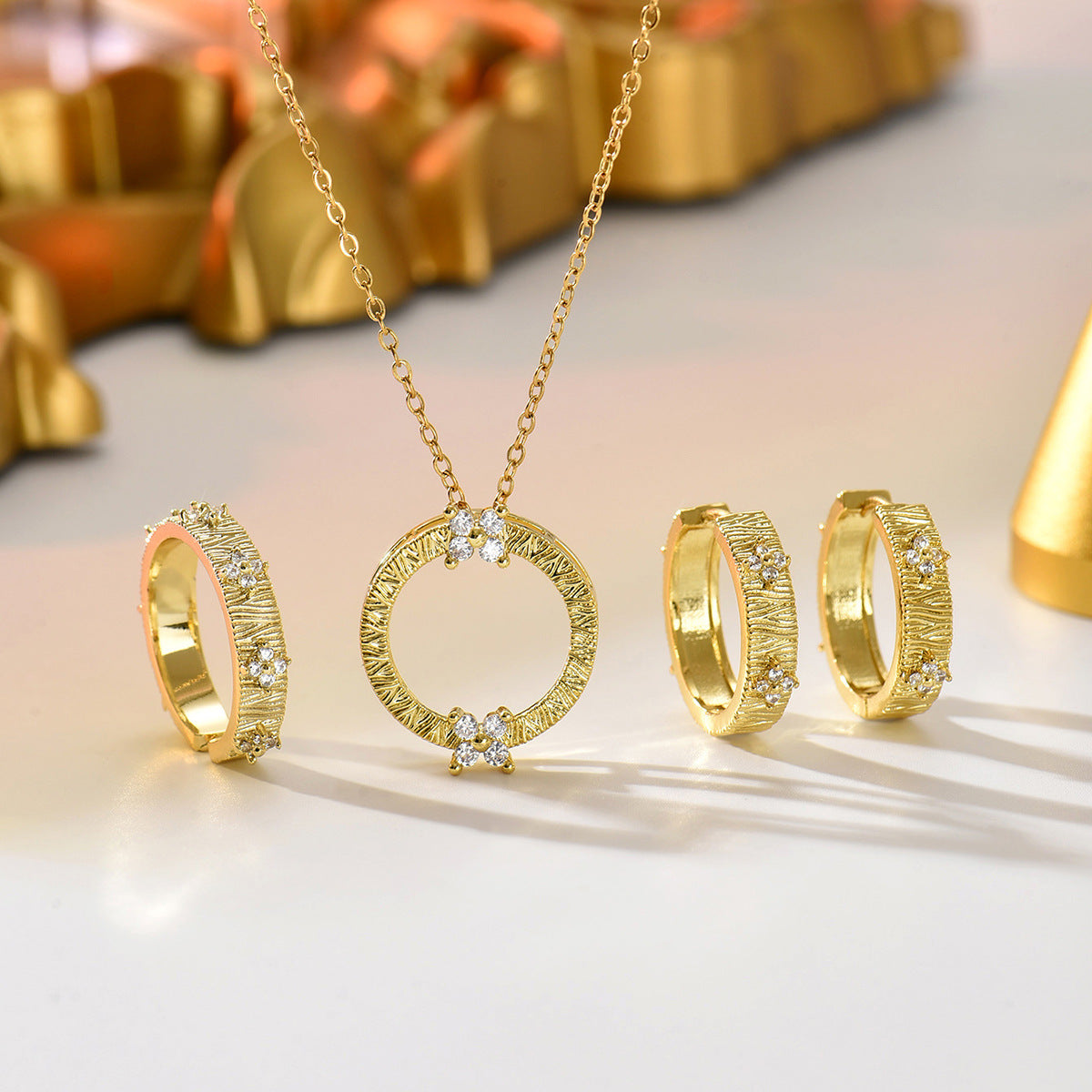 Women Forest Style Korean Jewelry Set, Geometric Round Inlaid Cubic Zirconia Necklace Earrings Ring, Versatile Daily Accessories