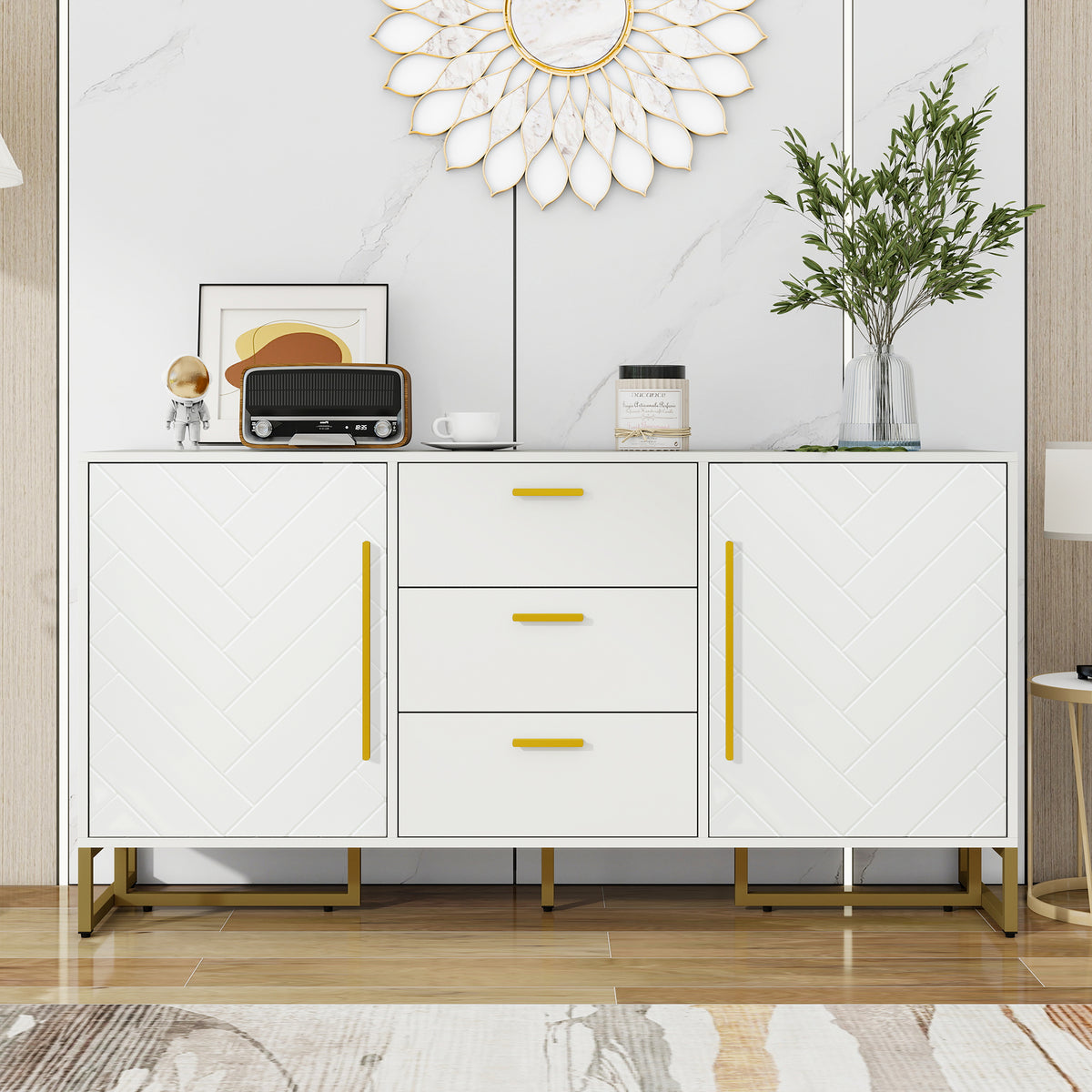 White Elegant Sideboard With Herringbone Pattern, With 2 Doors And 3 Drawers For Dining Room, Kitchen And Living Room White