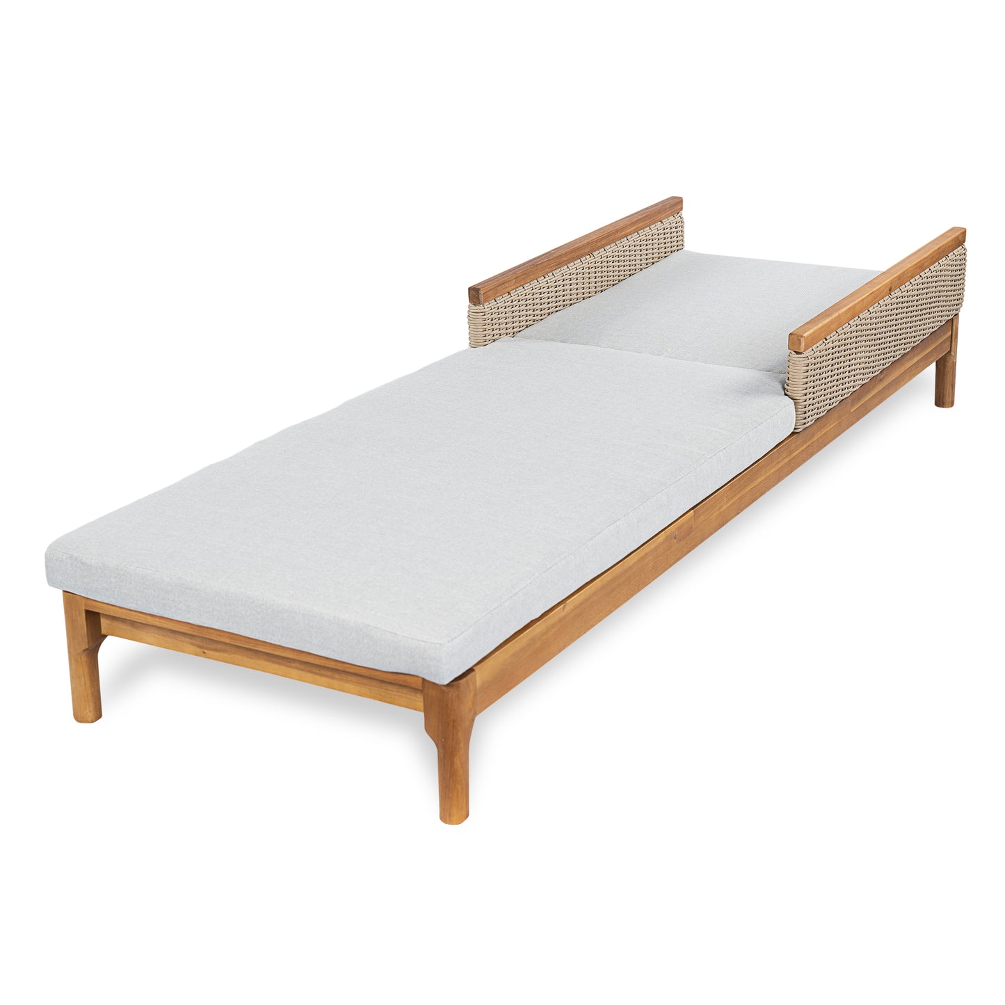 Solid Acacia Wood Sun Chaise Lounger With Grey Cushions And Light Grey Wicker, 76.8 Outdoor Patio Furniture For Garden, Deck, Poolside Relaxation,Natural Light Grey Wicker