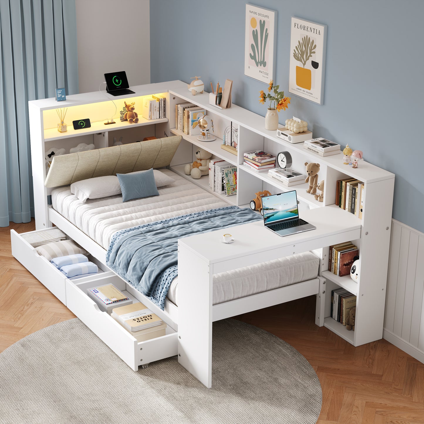 3ft Single L-Shape Daybed With Storage Drawers And Bookcase Storage, LED Linen Concealed Headboard Storage With Charging Station, Wood Bed For Living Room Bedroom Study Room, White No Mattress