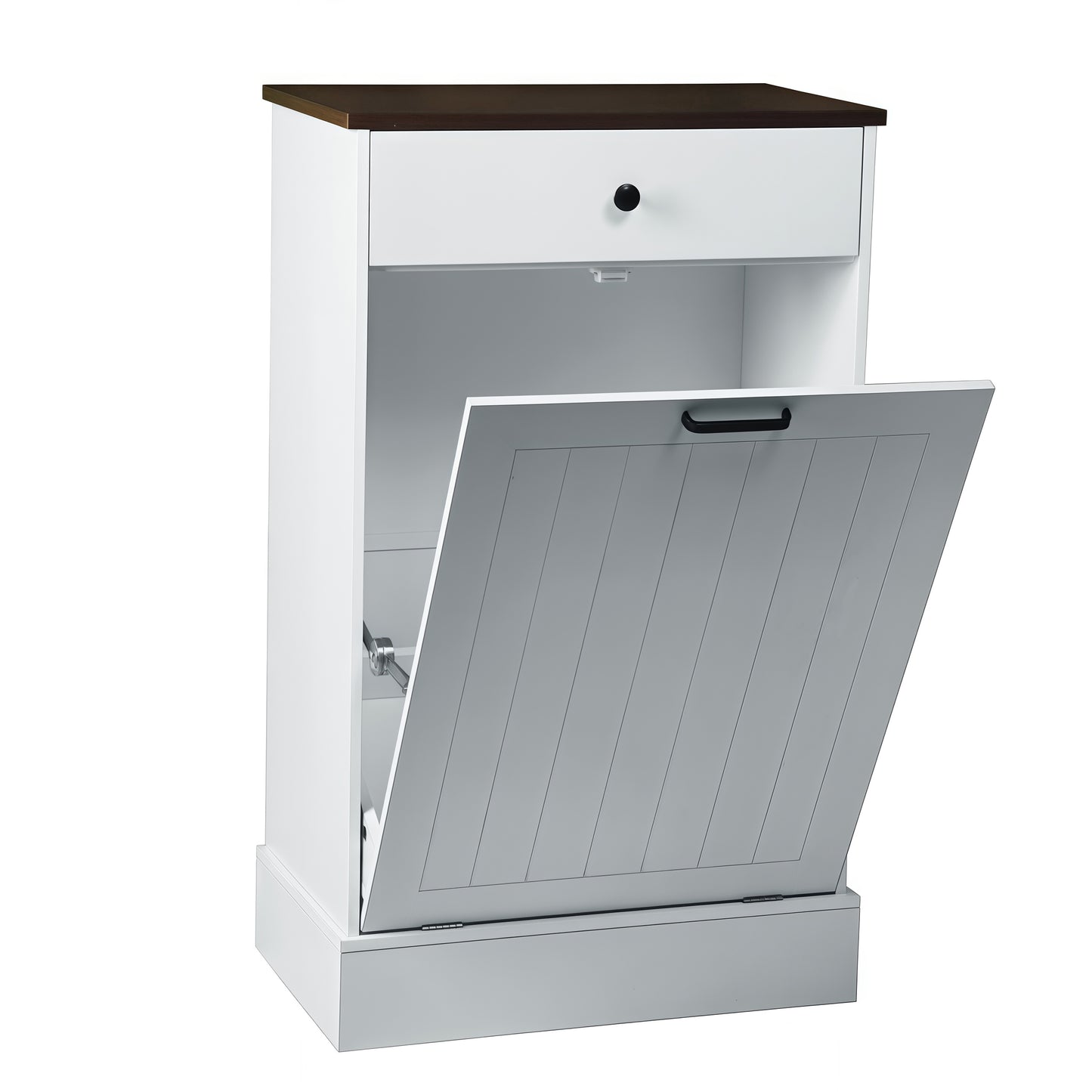 Tilt Out Trash Can Cabinet, Hidden Wooden Trash Can Cabinet With Drawer, Free Standing Garbage Cabinet For Kitchen, 10 Gallon Farmhouse Laundry Hamper Cabinet For Kitchen, Living Room White