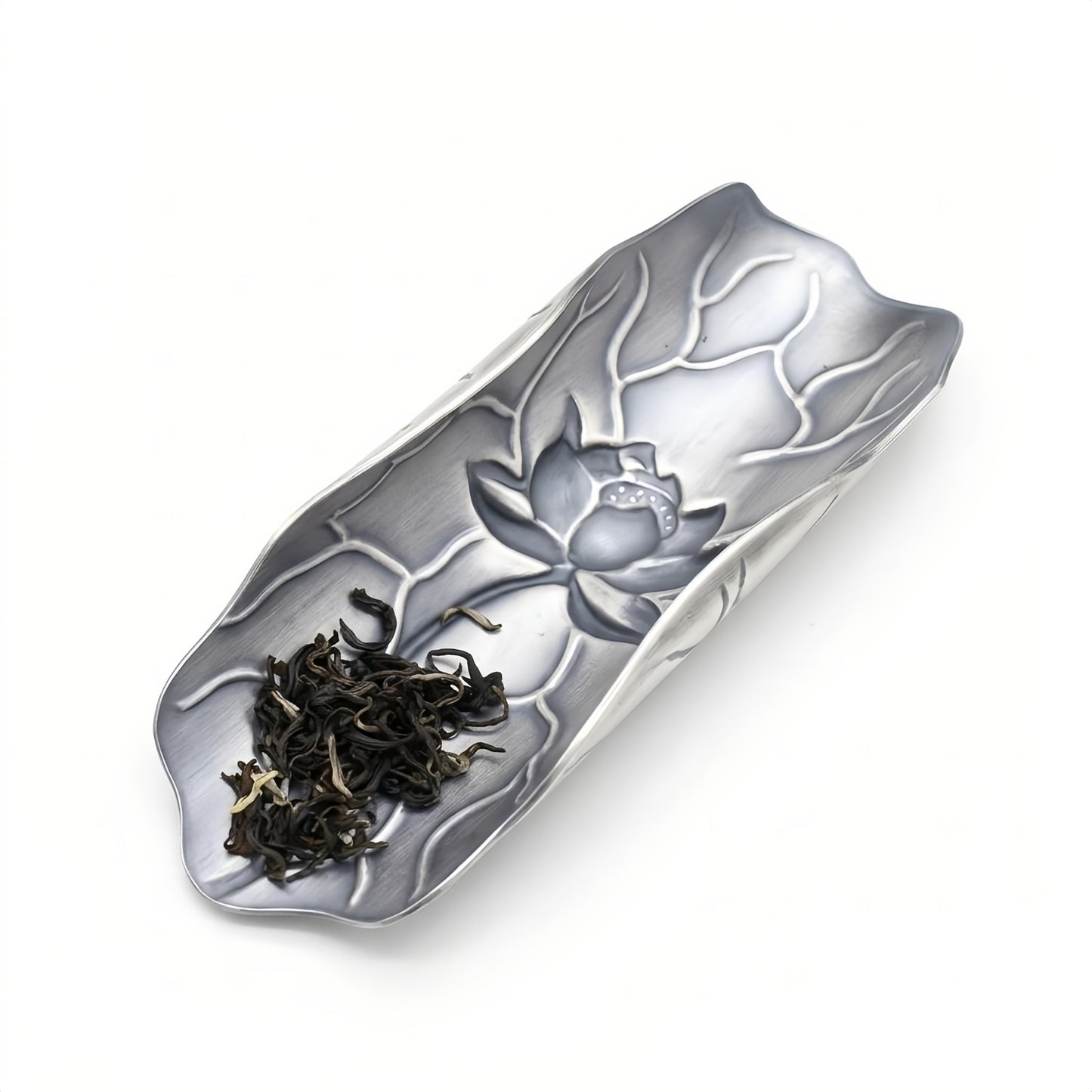 Pure 999 Fine Silver Elegant Lotus Flower Embossed Metal Tea Scoop for Traditional Loose Leaf Tea Presentation - Handicraft