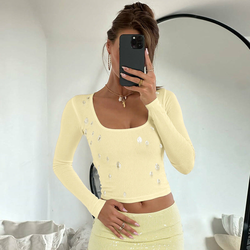 Fashion Personalized Water Drop Accessories Slim Fit U-neck Long-sleeved T-shirt