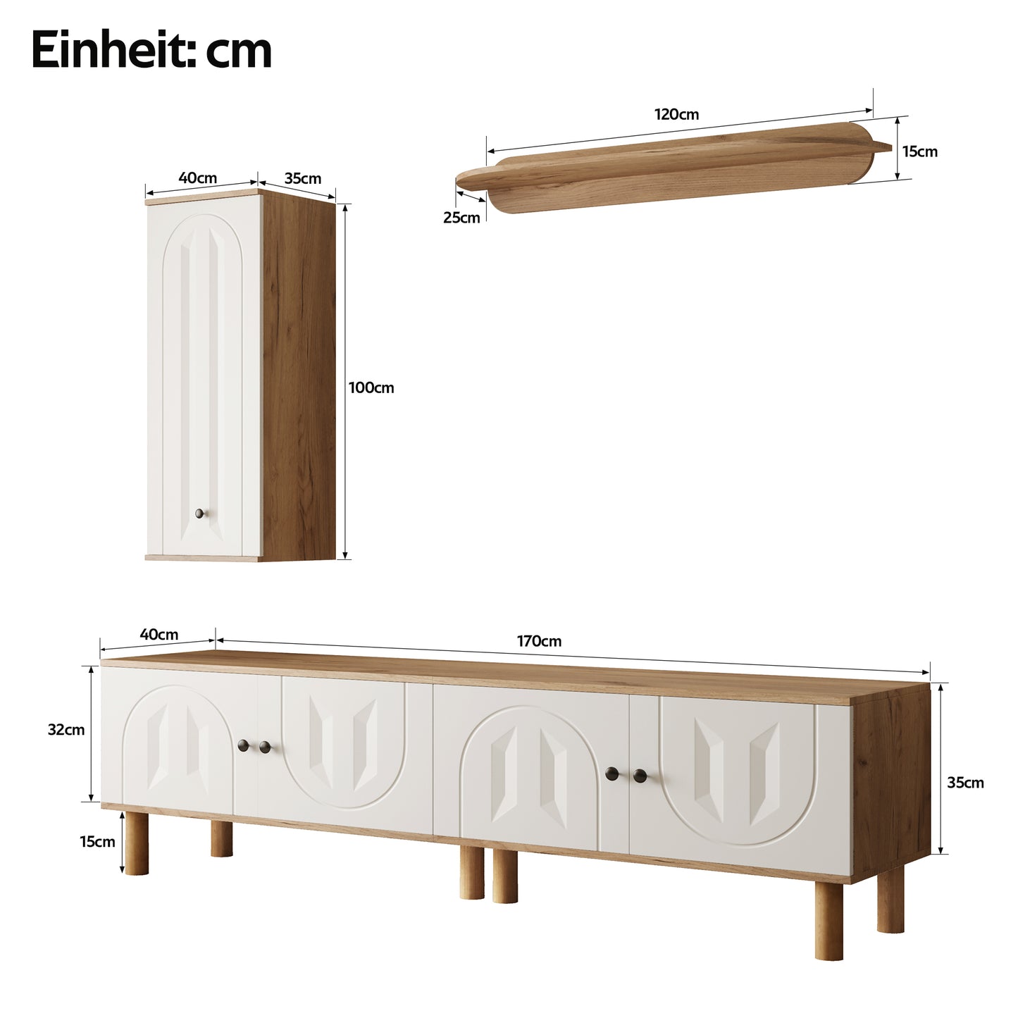 Wall Unit, 3 Pcs., Best. From Highboard, Cabinets, Wall Board. White And Wooden, Carved Door Panels.