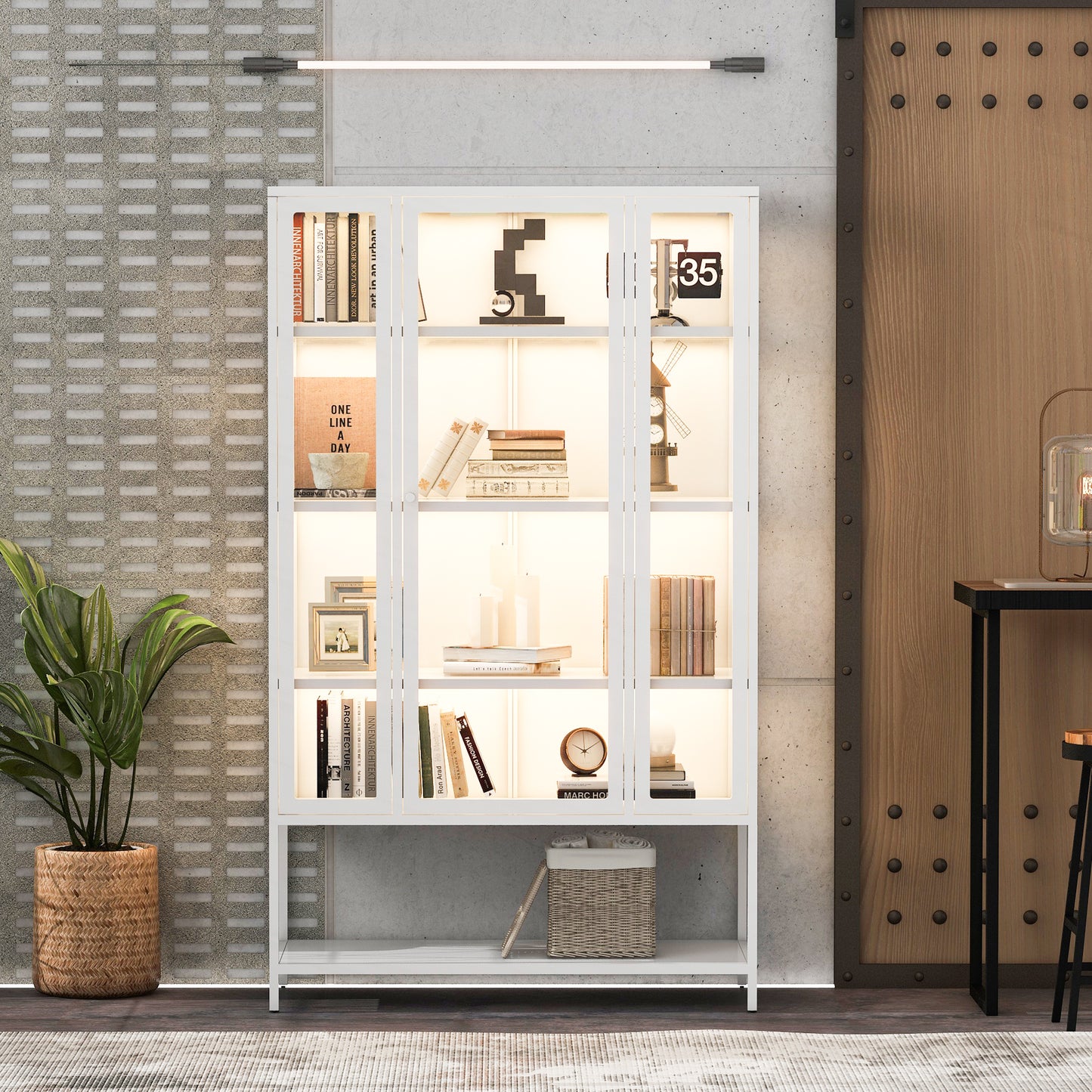 67.25 Tall Iron Display Cabinet With Glass Door And LED Lights Steel Curio Cabinet For Collectibles Figures Trophies 3-Sided Glass Display Case For Home Office Study Room Stores Playroom - White