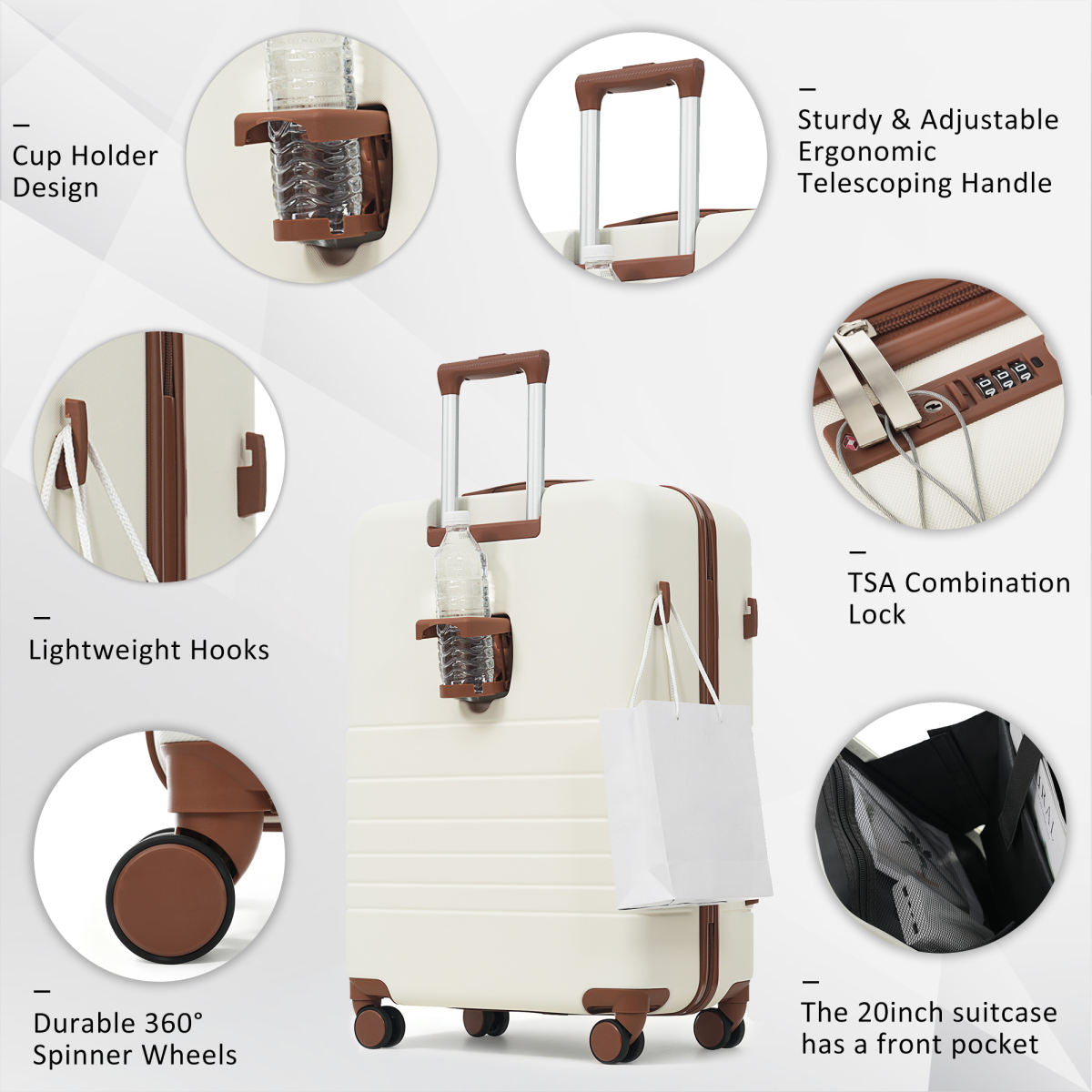 4-Piece Luggage Set with USB Charging Ports - 20in Carry-On (Front-Opening for Laptop) 28in Checked Suitcase with TSA Lock Travel Duffel Bag Wet-Dry Toiletry Bag, ivory and brown