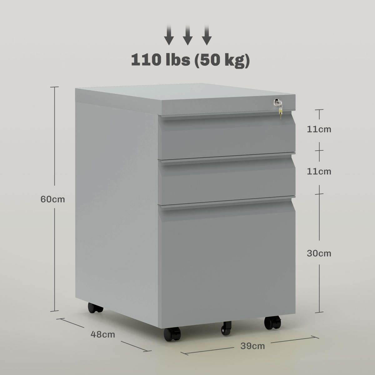 Vinsetto 3 Drawer Filling Cabinet, Mobile Metal File Cabinet With Anti-tilt Design For Letter, A4, Legal Size, Grey