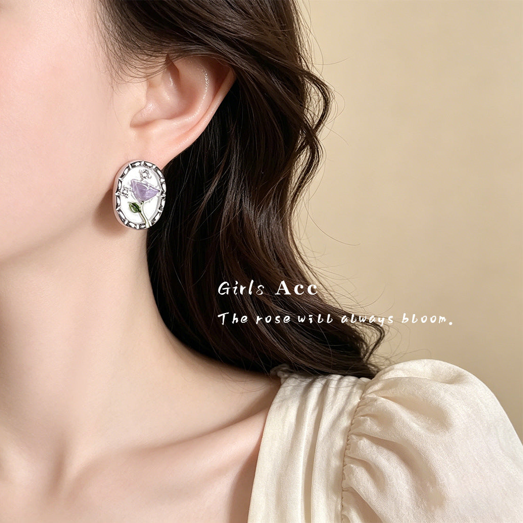 French Vintage Enamel Drip Flower Earrings - Premium Floral Stud Earrings, Elegant Retro Jewelry For Party Wear