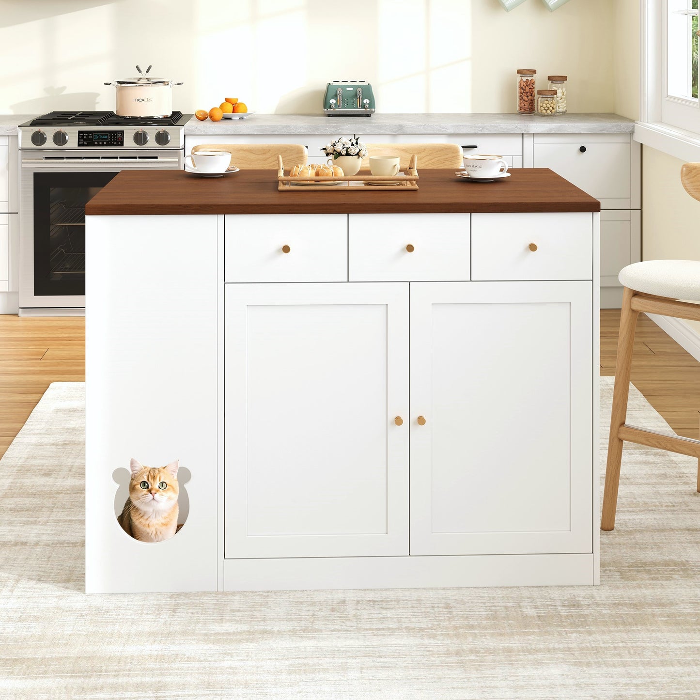 Kitchen Island, Kitchen Trolley & Sideboard With Drawers With Pull-out Worktop, Spice Rack, Pet Eating Area Without Cat Plate , White Walnut Colour, 120x40 30 X90 Cm
