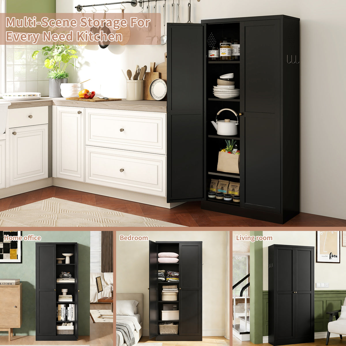 61 Black Metal Kitchen Pantry Cabinet Adjustable Storage With 4 Shelves 110lb Capacity , Heavy Duty Freestanding Pantry Organizer For Kitchen, Pantry, Living Room