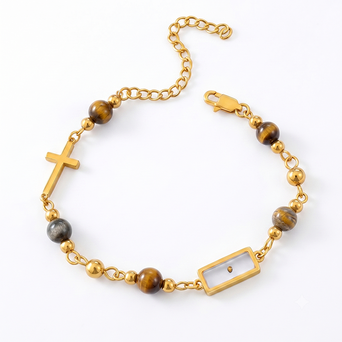 Real Mustard Seed Cross Bracelet For Women, 18K Gold Plated Stainless Steel Natural Stone Beads Bracelet, Religious Christian Faith Gift
