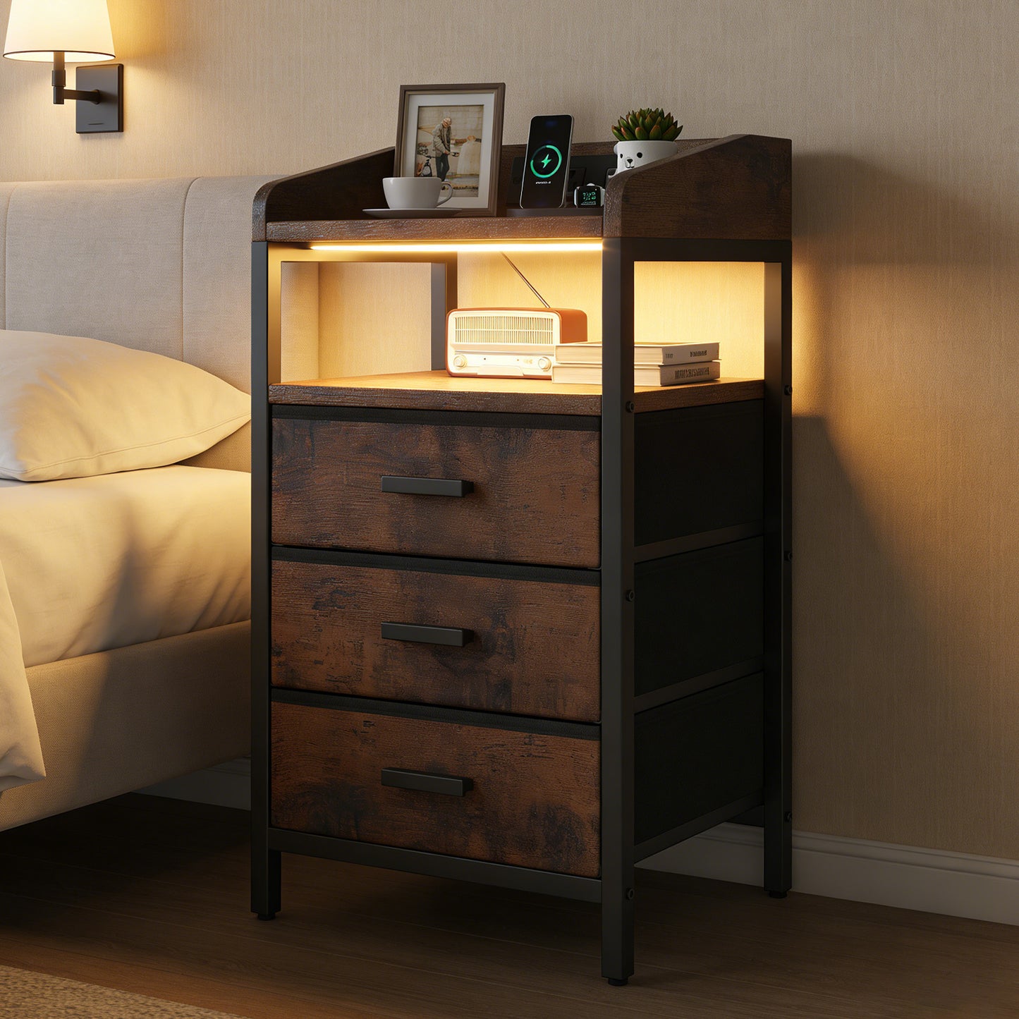 2pcs Nightstand Vintage Bed Side Table With 2 USB Ports 2 Outlets 3 Fabric Drawers Remote Control Light Strips For Home Bedroom