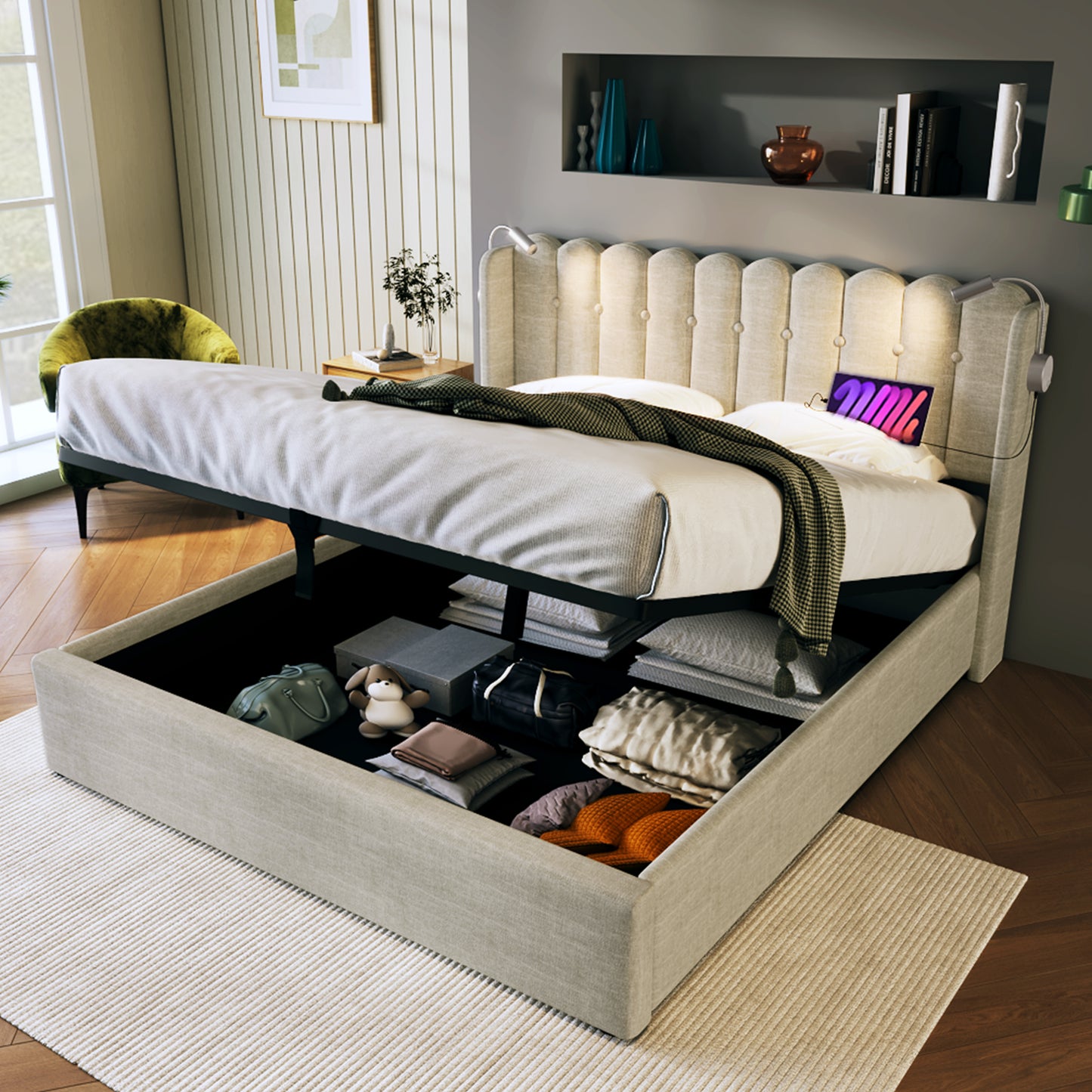 Upholstered Bed Double Bed Reading Light With Charging Function Head Part Storage Bed Frame Linen Material Youth Bed 140x200 With Slate Rust,Natural With Mattress