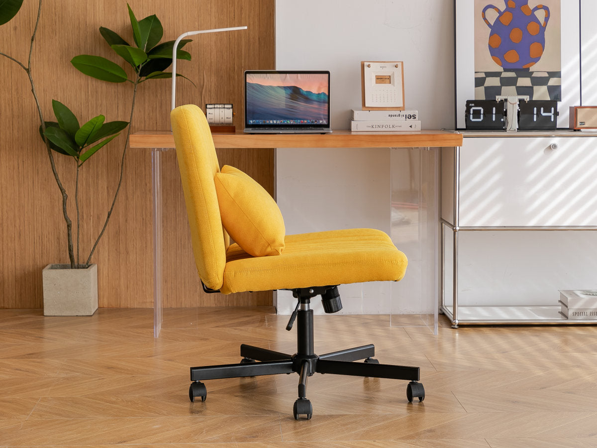 Yellow Linen Criss Cross Armless Office Chair with Wheels - Versatile for Home Office, Meditation & Makeup