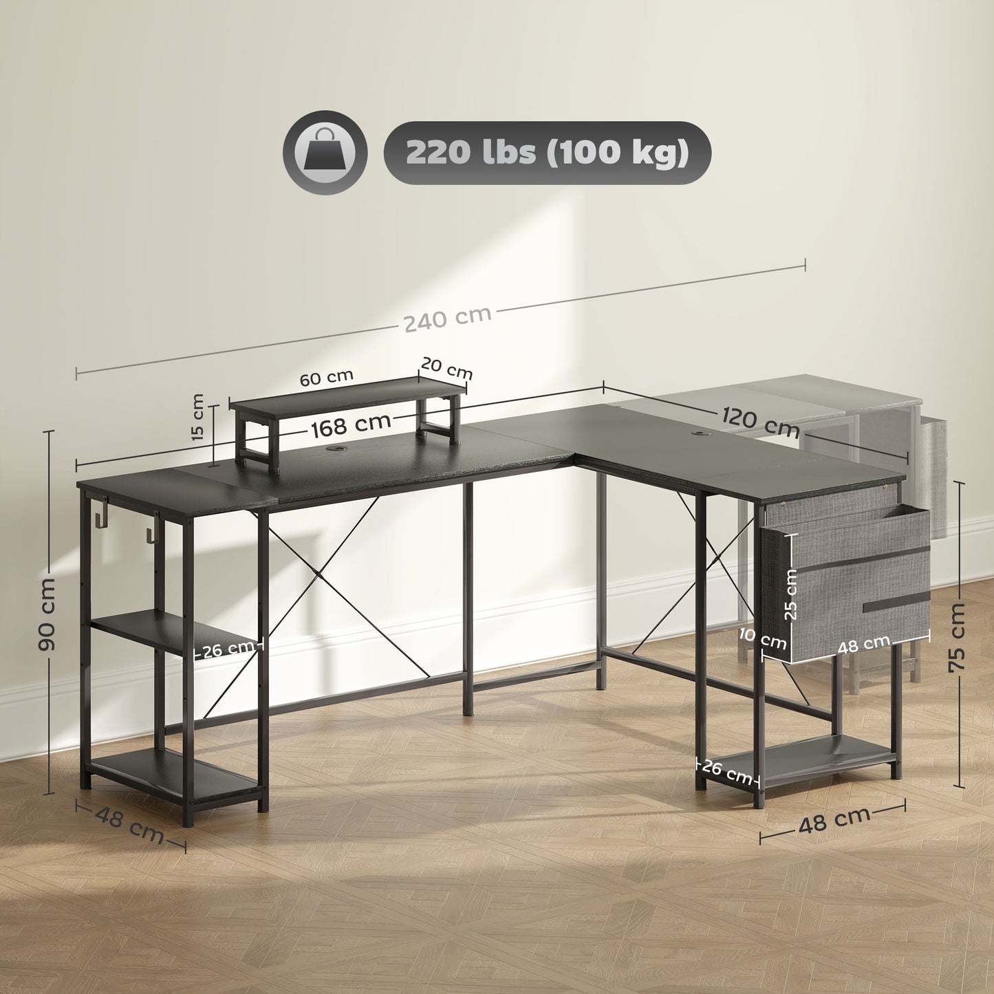 168cm Reversible L Shaped Desk, Industrial Corner Computer Desk With Adjustable Shelf And Storage Bag, 240cm 2 Person PC Table With Monitor Stand, Black