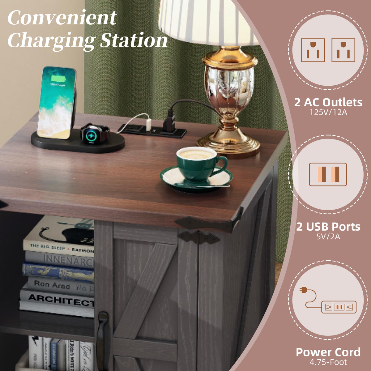ON-TREND Farmhouse End Table With Charging Station, Rustic Wood Nightstand With Adjustable Shelf, 19.6W Versatile Walnut Sofa Side Table With Barn Doors & Retro Hinges For Bedroom, Living Room, Grey