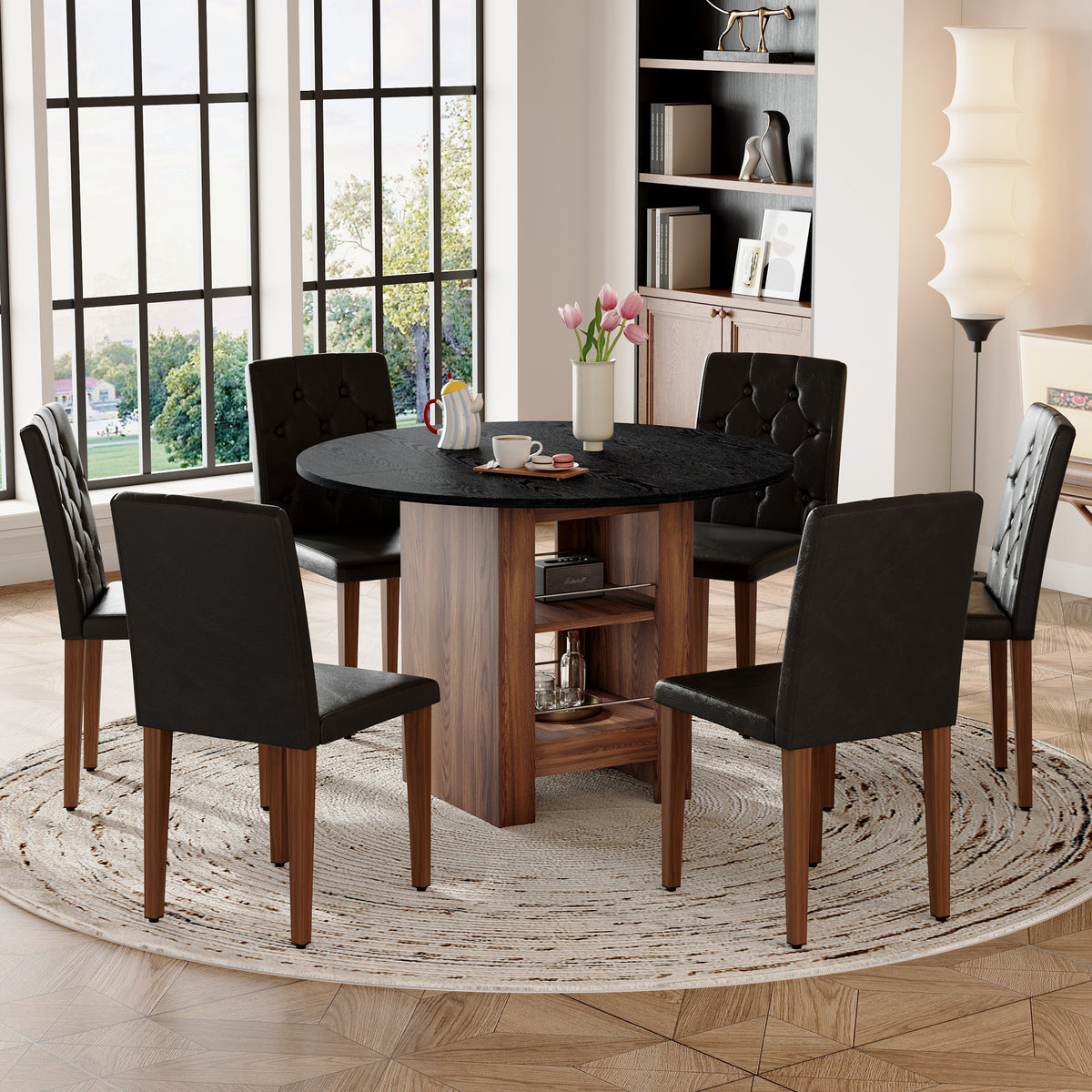 Table And Chair Set. 42 Inch Round MDF Black Dining Table With Double-layer Storage Shelves. Paired With 6 Black PU Chairs With Decorative Buckle Design On The Backrest.For Dining Room,Kitchen,etc.