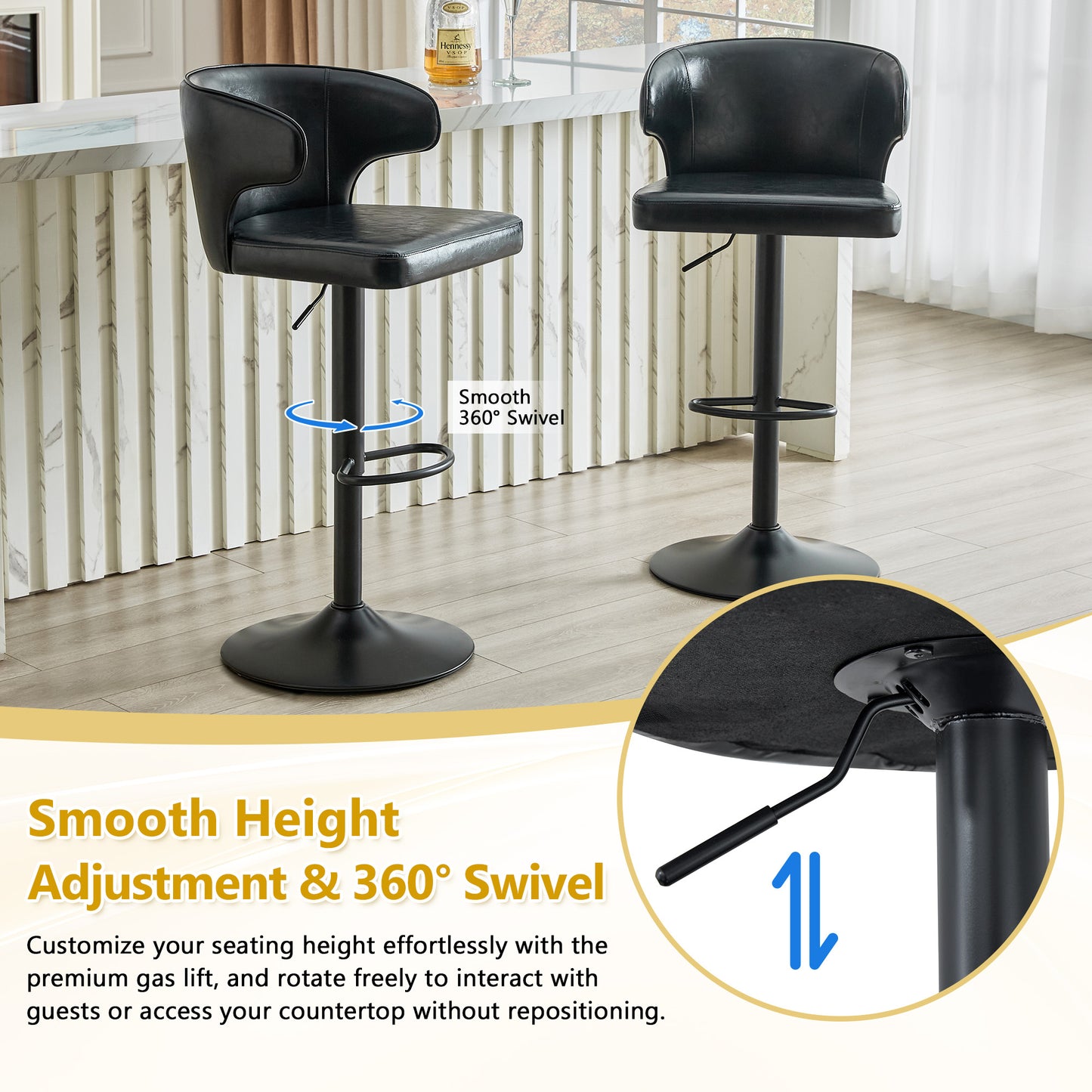 Modern Rotating Adjustable Bar Chair, Oil Wax Belt Backrest Swivel Chair, Suitable For Kitchen Bar Counter And Dining Room, Adjustable Height, Capable Of Bearing 300 Pounds Black -2 Pieces