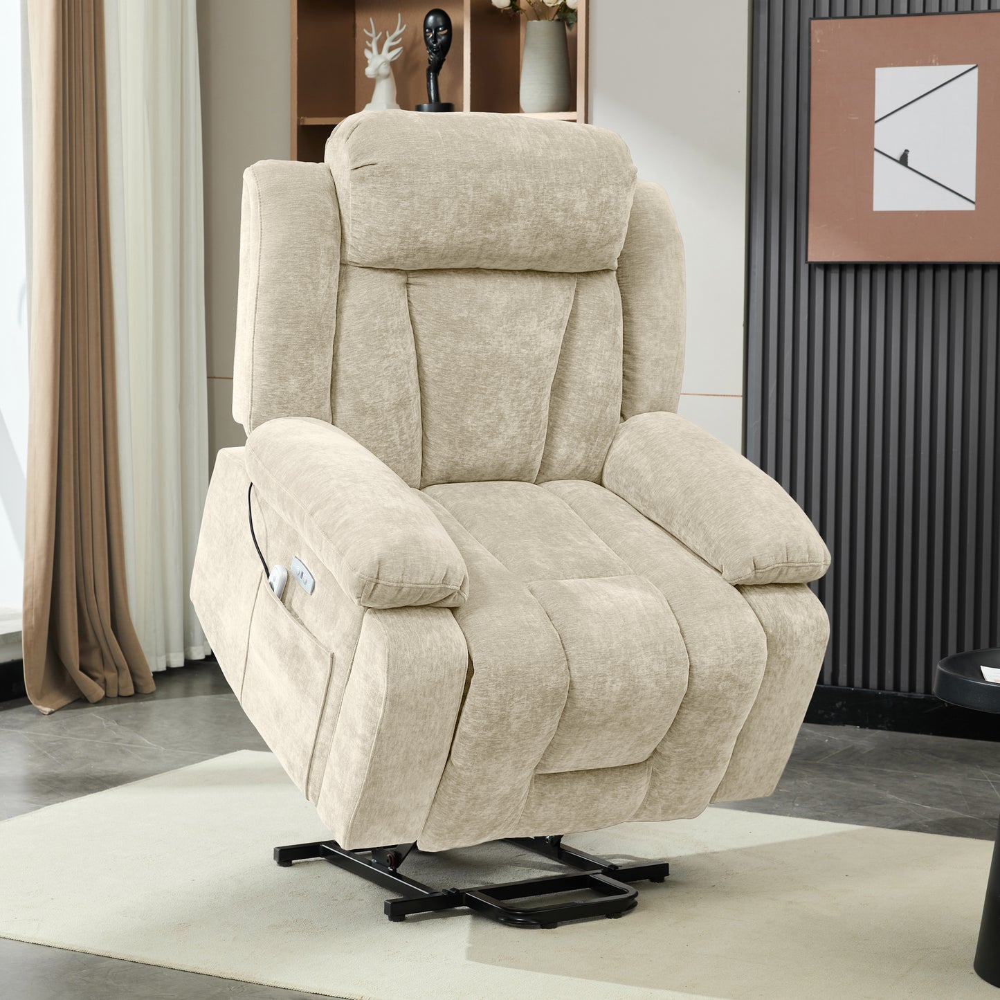 95x94x107cm Massage Chair Electric Recliner With 8-Point Massage And Heating Function, TV Chair With Lifting Function ,Fabric Sofa With Storage Compartment And Side Pockets, And USB,Beige