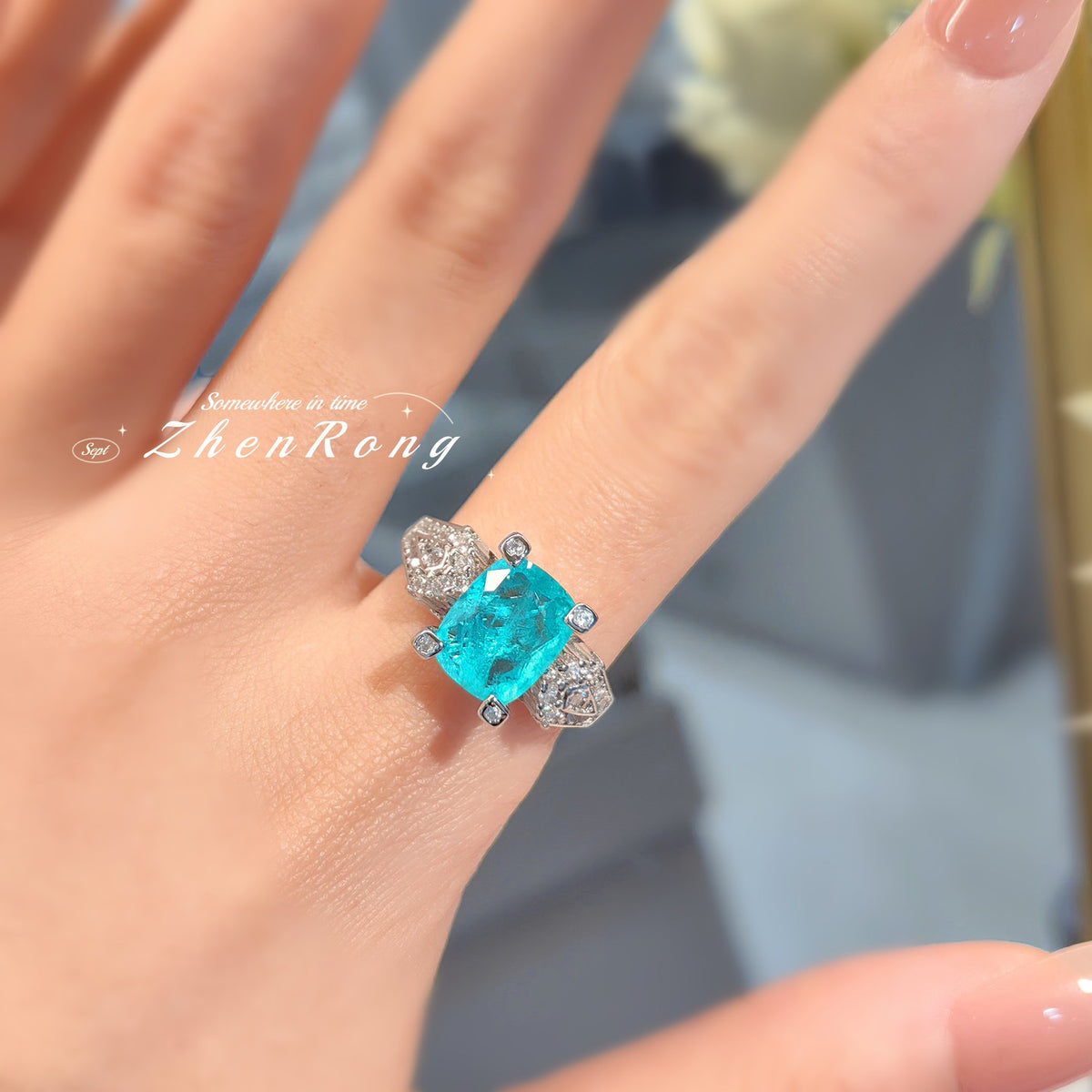 Fashion Elegant Paraiba Tourmaline Ring For Women, Niche Design Cushion Cut High Carbon Diamond Color Gemstone Adjustable Open Finger Ring