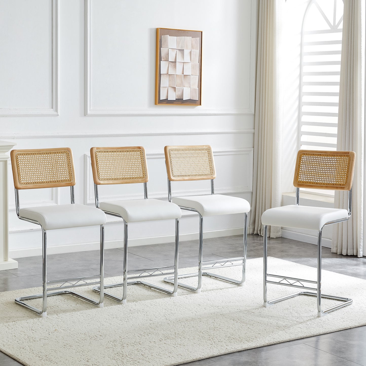 Natural Rattan Bar Stool 4-piece Set With Solid Wood Backrest 25 Inches Medieval Modern Style Counter Stool White PU Leather Kitchen Stool Chrome Metal Legs.