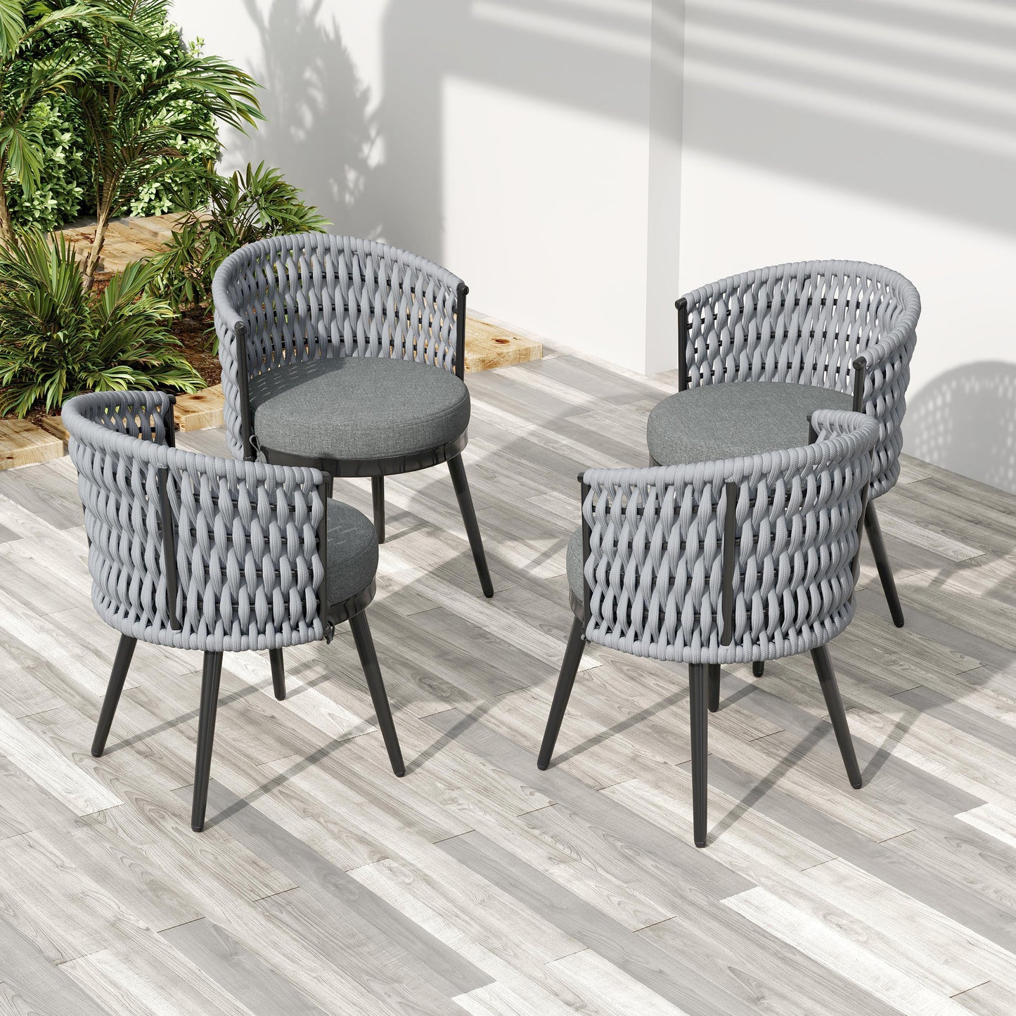 Outdoor Dining Set -Premium Acacia Wood Dining Table & Rope Chairs With Light Gray Cushion For Comfortable Dining Experience,Suitable For Large Gatherings 1 Table 6 Chairs