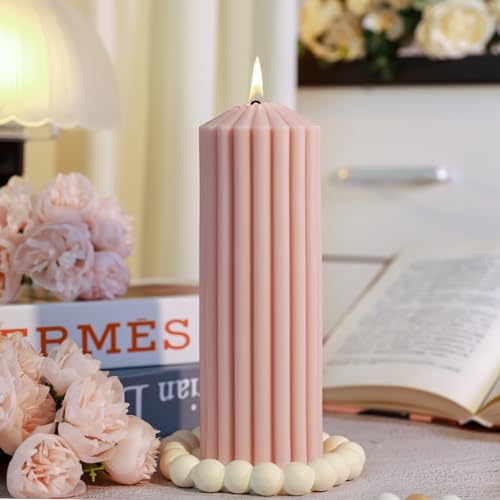 Pink Ribbed Pillar Candle Set of 3 - Wild Bluebell Scented Soy Wax Candle,Aesthetic Decorative Textured Pillar for Home De...