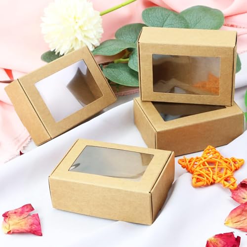 BadenBach 50 PCS Mini Kraft Boxes with Windows,3.33" x 2.35" x 1.18",Small Soap Box for Homemade Soap,Paper Small Gift Box...