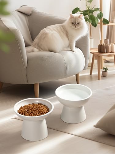 LoeJan Elevated Cat Food and Water Bowls Set, Extra Wide and Raised Ceramic Bowls, Anti-Vomit Whisker-Free Pressure Cat Fe...