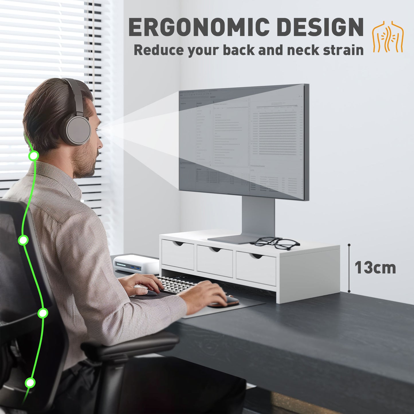 Monitor Stand Riser With 3 Drawers, Monitor Riser For Laptop, Computer, PC, Small Printer, 51 X 24 X 13cm, White
