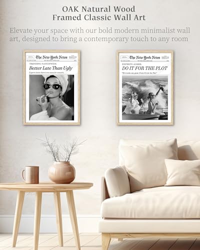 iHery Natural OAK Wood Audrey Hepburn Newspaper Trendy Framed Wall Art, 12x16 in Vintage Headline Canvas Bedroom Wall Deco...