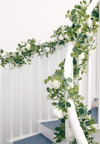 Anna's Whimsy 5.91FT Artificial Eucalyptus Garland with Flowers, Fake Flower Rose Gypsophila, Faux Floral Greenery Garland...