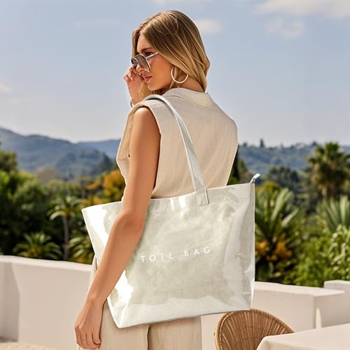 KALIDI PVC Zipper Tote Bag, Jelly Kraft Paper Beach Bag Large Hobo Carry All Travel Shopping Handbag Plastic Shoulder Bag
