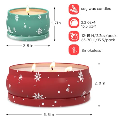 Set of 5 Christmas Themed Scented Candles Gift Set for Women, Natural Soy Wax Aromatherapy Candles for Home Decor - Lavend...