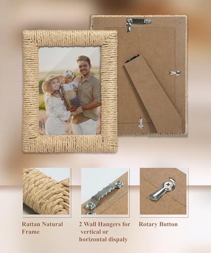 takfot Boho 5x7 Picture Frame, Natural Boho Rattan Photo Frame with Real Glass Paper Rope for Wall and Tabletop Display Mo...